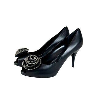 NWT Giuseppe Zanotti Flower Heels Sz 9.5 Black Leather Peep Toe Platform Luxury